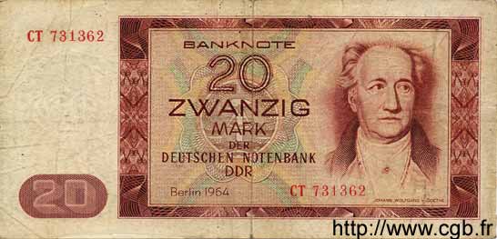 20 Mark ALLEMAGNE RÉPUBLIQUE DÉMOCRATIQUE 1964 P.24a TB