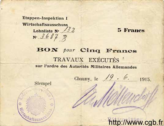 5 Francs ALLEMAGNE Chauny 1915 P.M04 TB