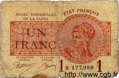 1 Franc MINES DOMANIALES DE LA SARRE FRANCE  1920 VF.51.02 AB