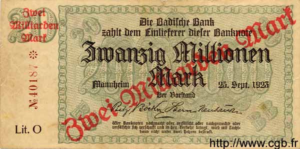 2 Milliarde Mark sur 20 Millionen ALLEMAGNE Mannheim 1923 PS.0913 TTB