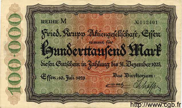 100000 Mark ALLEMAGNE Essen 1923  SUP