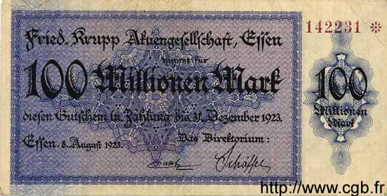 100 Millionen Mark ALLEMAGNE Essen 1923 K.1429k TTB+