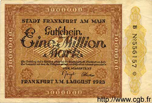 1 Million Mark ALLEMAGNE Francfort 1923 K.1522c TTB