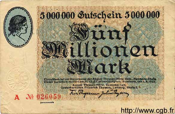 5 Millionen Mark ALLEMAGNE Hambourg 1923 K.2106i TB+