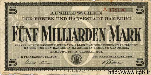 5 Milliarden Mark ALLEMAGNE Hambourg 1923 Ham.26a B+