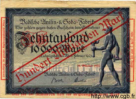 100 Milliarden Mark sur 10000 ALLEMAGNE Ludwigshafen 1923 K.3329g pr.TTB
