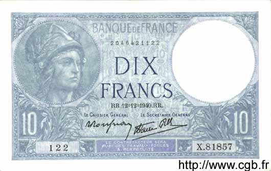10 Francs MINERVE modifié FRANCE  1940 F.07.24 SPL