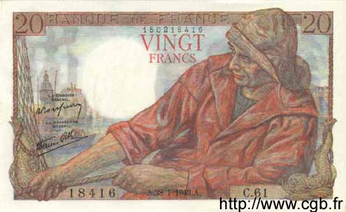 20 Francs PÊCHEUR FRANCE  1943 F.13.05 SPL
