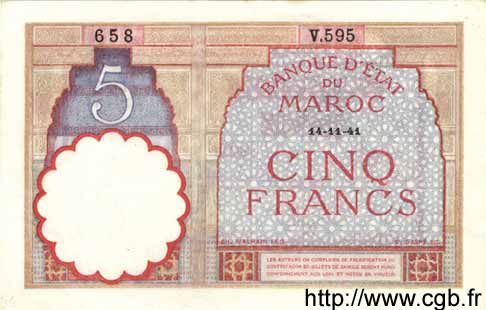 5 Francs MAROC  1941 P.23Ab SPL