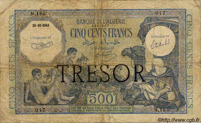 500 Francs ALGÉRIE FRANCE  1943 VF.09.01 B+