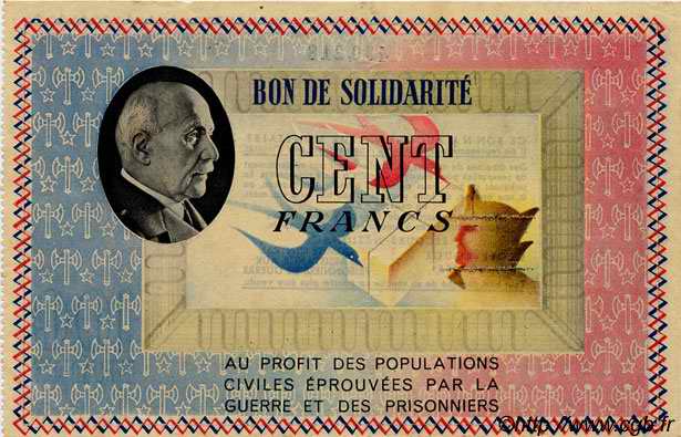100 Francs BON DE SOLIDARITÉ FRANCE régionalisme et divers 1941 KL.10C1 ou 2 TTB à SUP