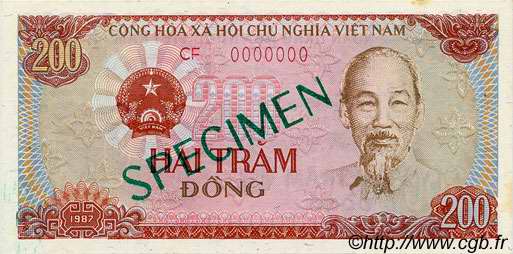 200 Dong Spécimen VIET NAM   1987 P.100s pr.NEUF