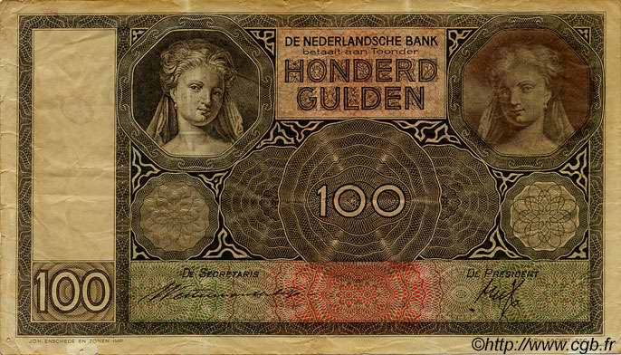 100 Gulden NETHERLANDS  1936 P.051a F+