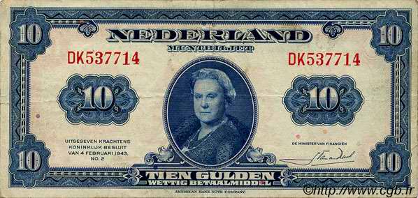 10 Gulden PAYS-BAS  1943 P.066a TTB