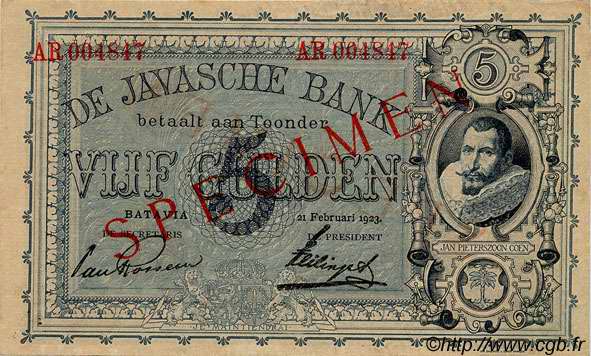 5 Gulden Spécimen INDES NEERLANDAISES  1923 P.061s SUP+