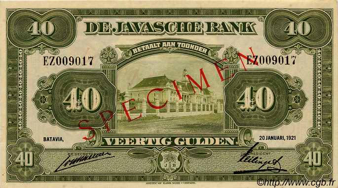 40 Gulden Spécimen INDES NEERLANDAISES  1921 P.068s pr.NEUF