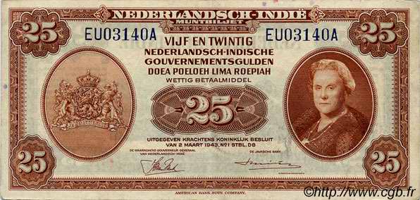 25 Gulden INDES NEERLANDAISES  1943 P.115a TTB+