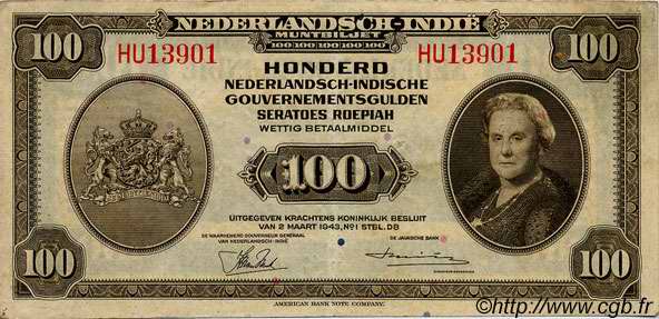 100 Gulden INDES NEERLANDAISES  1943 P.117a TTB