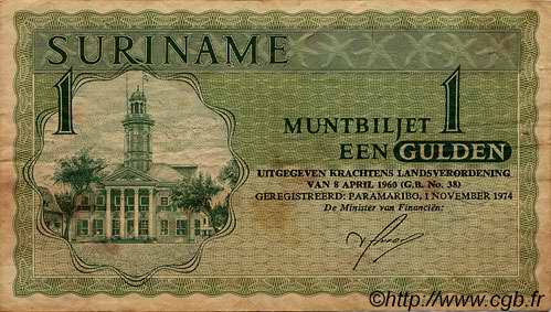 1 Gulden SURINAM  1974 P.116d TB+