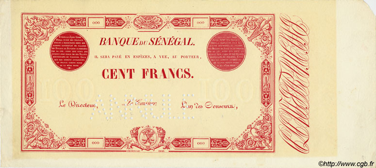 100 Francs Spécimen SÉNÉGAL  1874 P.A.3s pr.NEUF