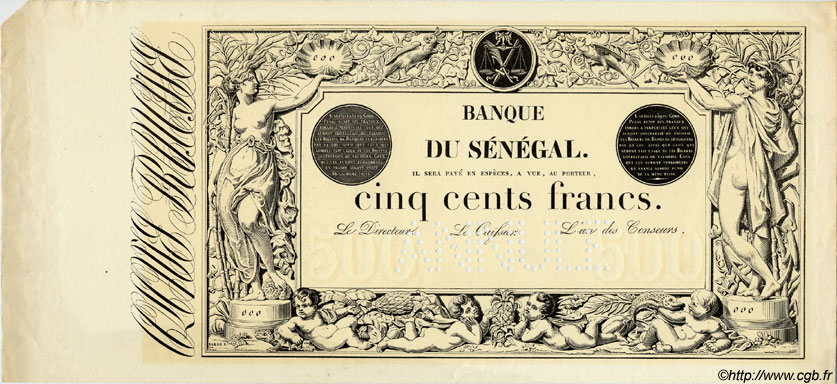 500 Francs Spécimen SÉNÉGAL  1874 P.A.4s pr.NEUF