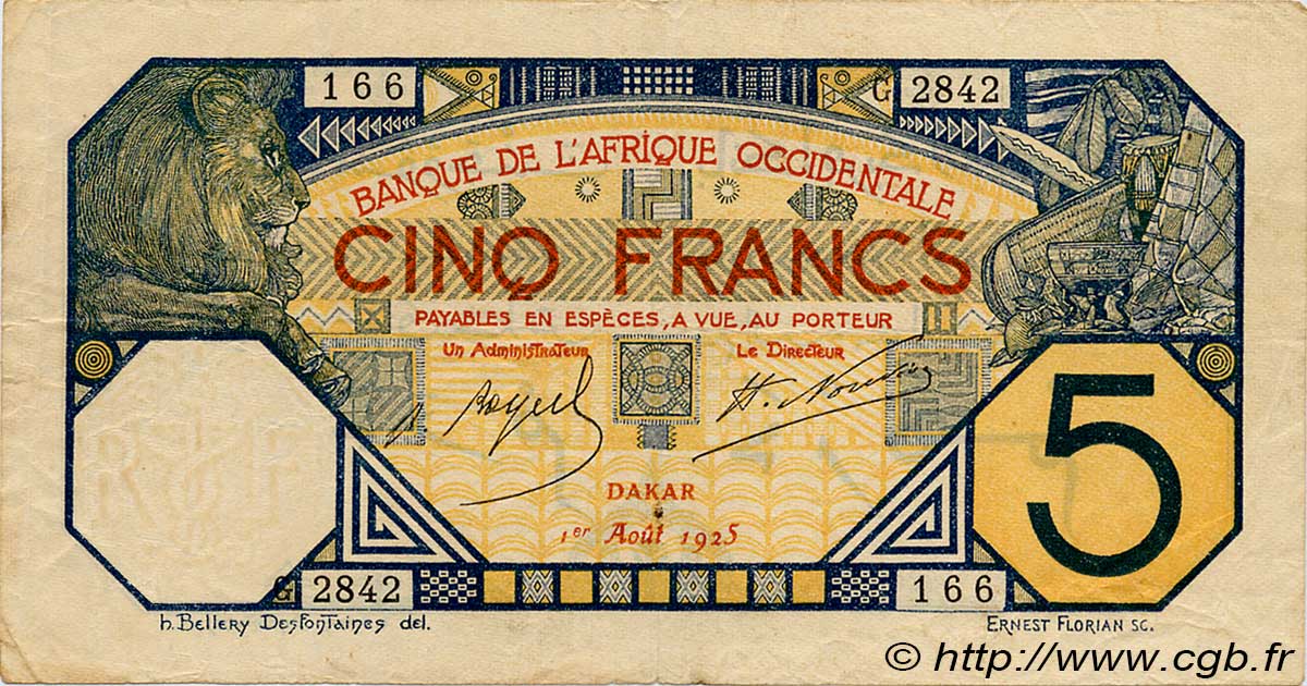 5 Francs DAKAR FRENCH WEST AFRICA Dakar 1925 P.05Bc SS