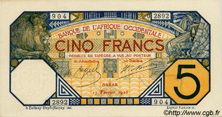 5 Francs DAKAR AFRIQUE OCCIDENTALE FRANÇAISE (1895-1958) Dakar 1926 P.05Bc pr.NEUF