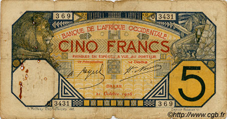 5 Francs DAKAR AFRIQUE OCCIDENTALE FRANÇAISE (1895-1958) Dakar 1926 P.05B var B