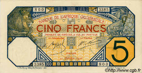 5 Francs DAKAR AFRIQUE OCCIDENTALE FRANÇAISE (1895-1958) Dakar 1926 P.05B var pr.SPL