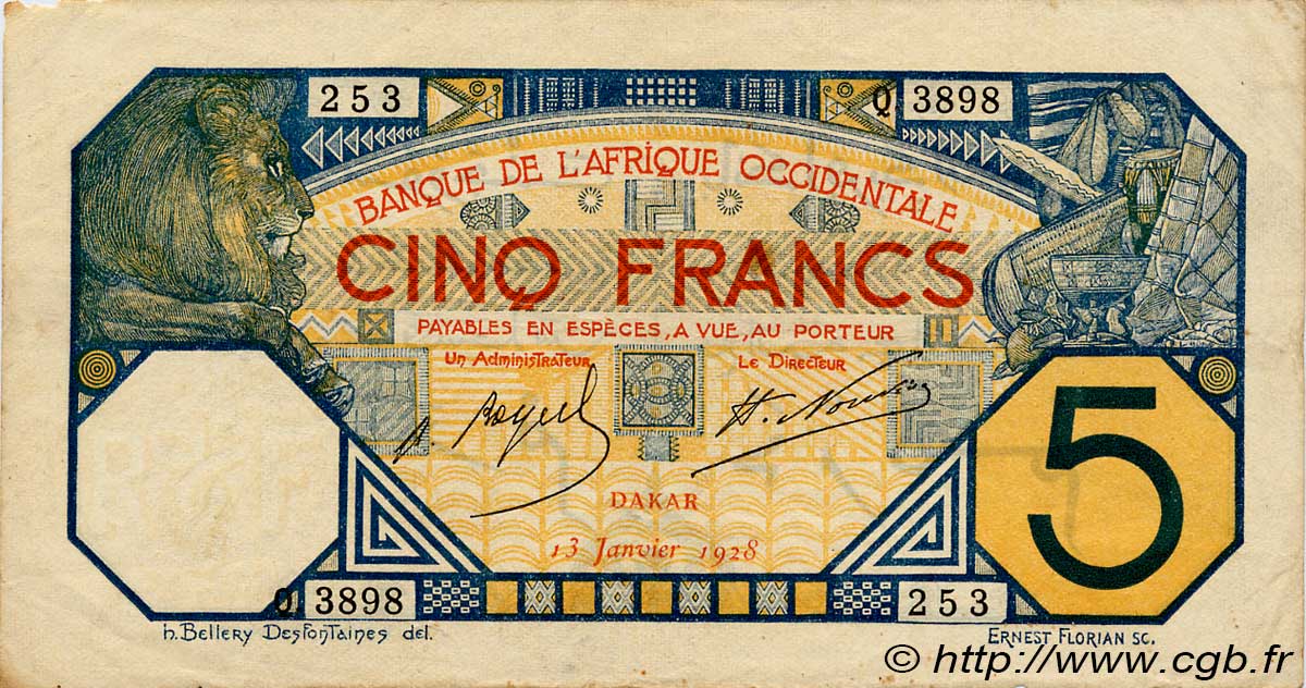 5 Francs DAKAR AFRIQUE OCCIDENTALE FRANÇAISE (1895-1958) Dakar 1928 P.05Bvar TTB