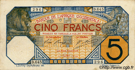 5 Francs GRAND-BASSAM AFRIQUE OCCIDENTALE FRANÇAISE (1895-1958) Grand-Bassam 1919 P.05Db TTB
