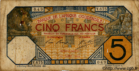 5 Francs PORTO-NOVO AFRIQUE OCCIDENTALE FRANÇAISE (1895-1958) Porto-Novo 1919 P.05E B+