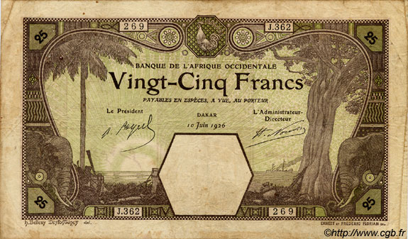 25 Francs DAKAR AFRIQUE OCCIDENTALE FRANÇAISE (1895-1958) Dakar 1926 P.07Bb TB