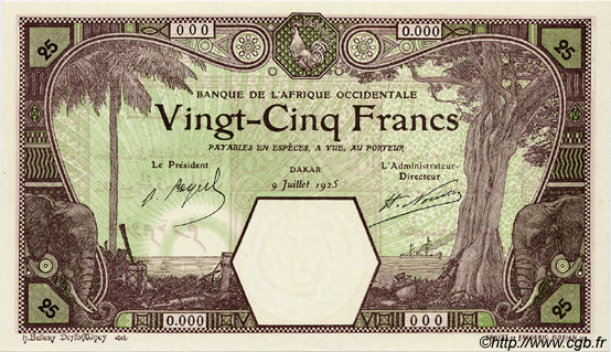 25 Francs DAKAR Épreuve AFRIQUE OCCIDENTALE FRANÇAISE (1895-1958) Dakar 1925 P.07Bas NEUF