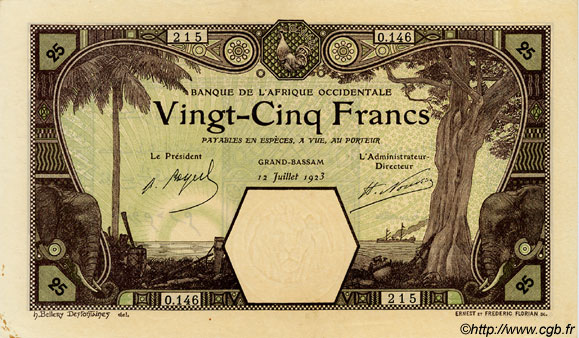 25 Francs GRAND-BASSAM AFRIQUE OCCIDENTALE FRANÇAISE (1895-1958) Grand-Bassam 1923 P.07Db SPL