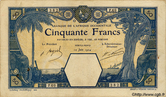 50 Francs PORTO-NOVO AFRIQUE OCCIDENTALE FRANÇAISE (1895-1958) Porto-Novo 1924 P.10Eb TB+