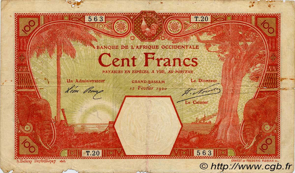 100 Francs GRAND-BASSAM AFRIQUE OCCIDENTALE FRANÇAISE (1895-1958) Grand-Bassam 1920 P.11Db B+