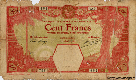 100 Francs GRAND-BASSAM AFRIQUE OCCIDENTALE FRANÇAISE (1895-1958) Grand-Bassam 1920 P.11Dc AB