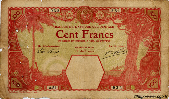 100 Francs GRAND-BASSAM AFRIQUE OCCIDENTALE FRANÇAISE (1895-1958) Grand-Bassam 1920 P.11Dc B