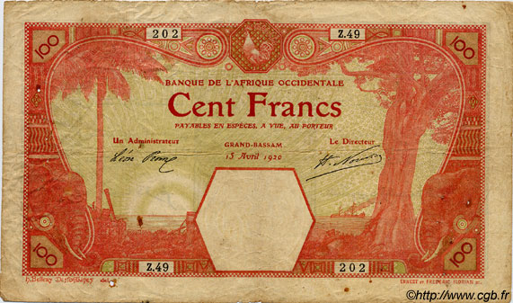 100 Francs GRAND-BASSAM AFRIQUE OCCIDENTALE FRANÇAISE (1895-1958) Grand-Bassam 1920 P.11Dc B+