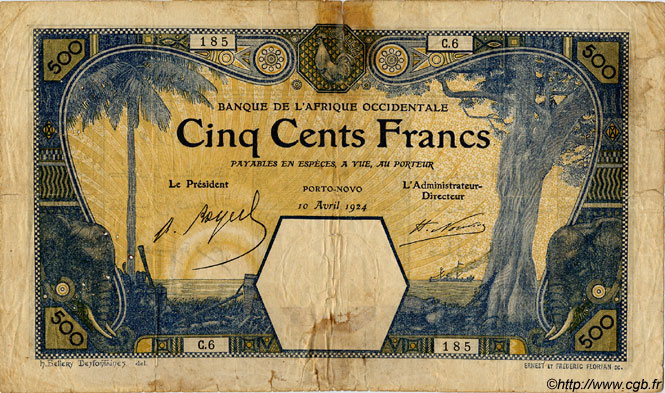 500 Francs PORTO-NOVO AFRIQUE OCCIDENTALE FRANÇAISE (1895-1958) Porto-Novo 1924 P.13E vars B+