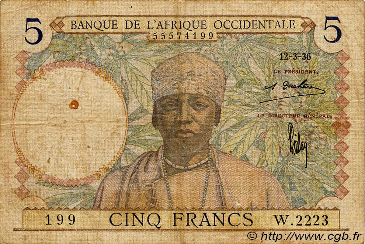 5 Francs FRENCH WEST AFRICA  1936 P.21 q.MB
