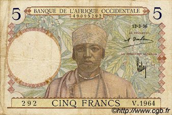 5 Francs FRENCH WEST AFRICA  1936 P.21 VF