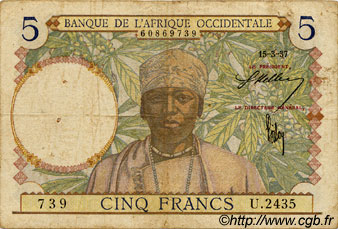 5 Francs FRENCH WEST AFRICA  1937 P.21 F
