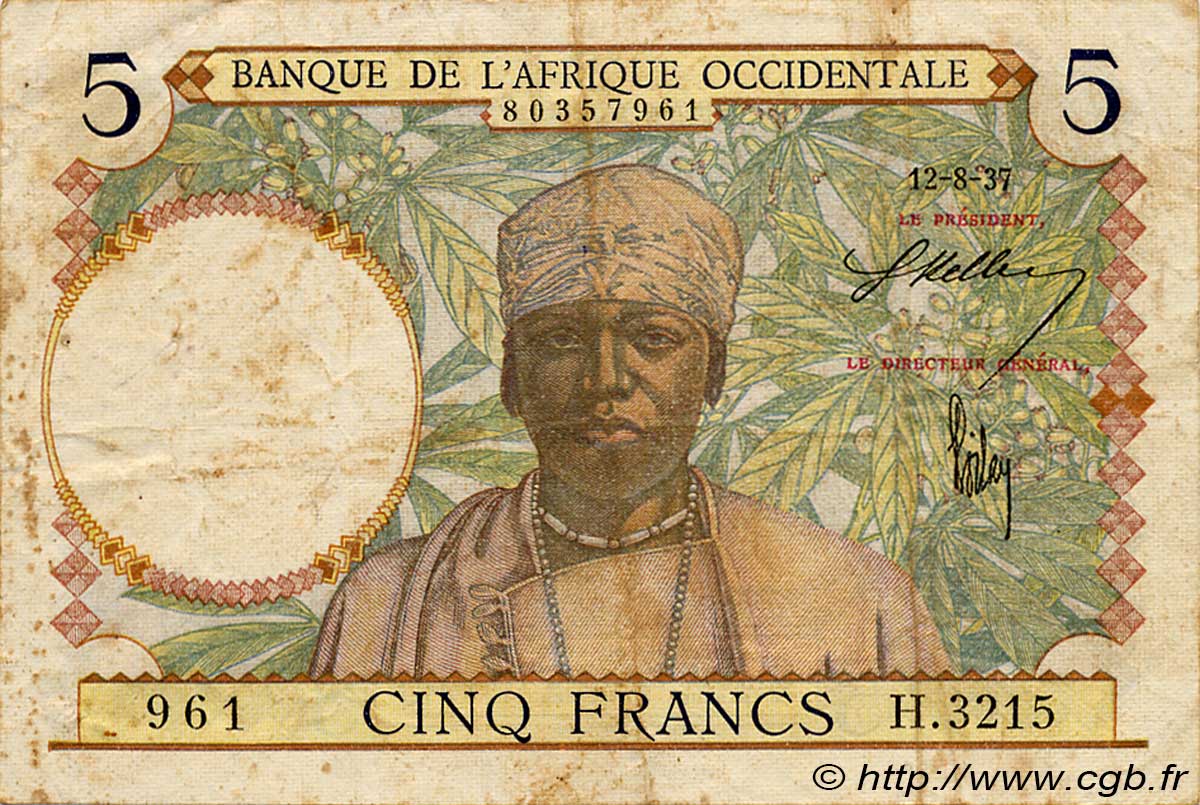 5 Francs AFRIQUE OCCIDENTALE FRANÇAISE (1895-1958)  1937 P.21 TB