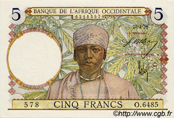 5 Francs FRENCH WEST AFRICA  1939 P.21 SC+
