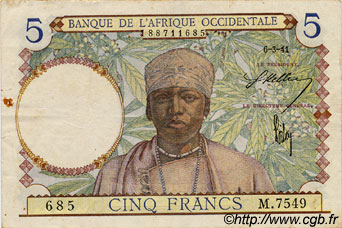 5 Francs AFRIQUE OCCIDENTALE FRANÇAISE (1895-1958)  1941 P.21 TTB