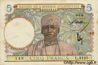5 Francs FRENCH WEST AFRICA  1941 P.25 VF