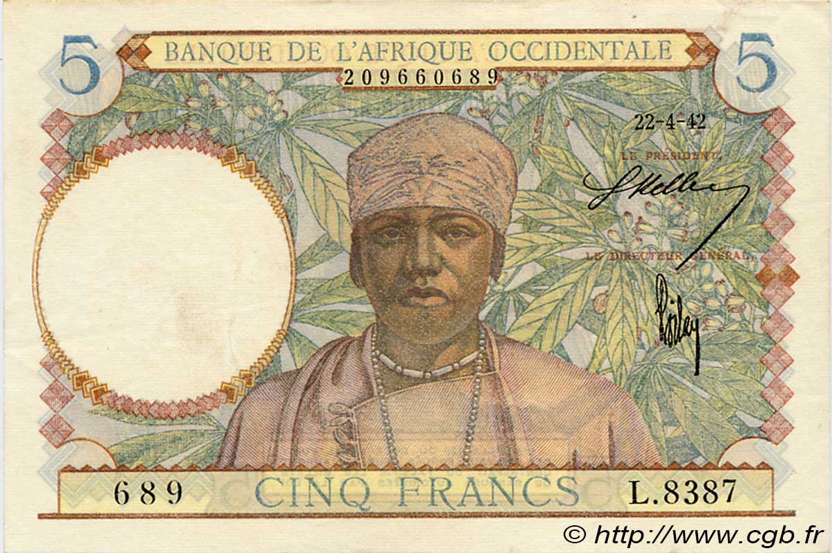 5 Francs FRENCH WEST AFRICA  1942 P.25 XF