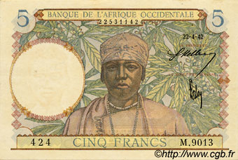 5 Francs FRENCH WEST AFRICA  1942 P.25 AU+
